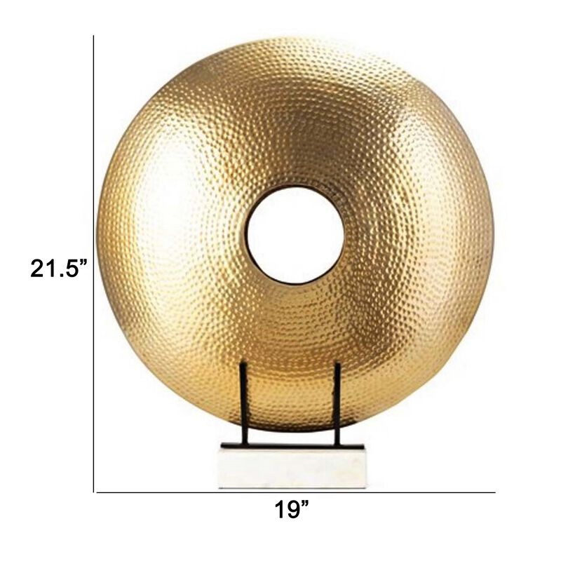 22 Inch Round Statuette, Tabletop Decor, Gold Disk, White Marble Base - Benzara