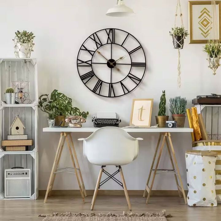 Hivvago Round 24 inch Black Metal Roman Numeral Wall Clock with Gold Hands