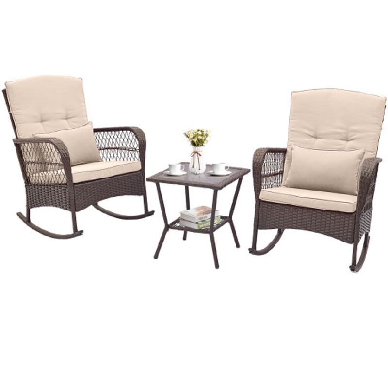 3 Pieces Rocking Bistro Set with 2-Tier Coffee Table