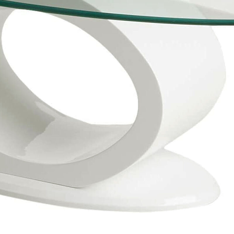 Contemporary Tempered Glass Top Coffee Table with O Shape Base, White-Benzara