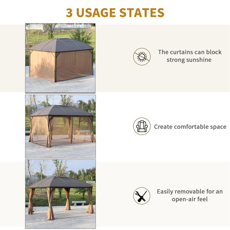 Brown Outdoor Pavilion: 10'x13' Hardtop Gazebo with Curtains & Netting