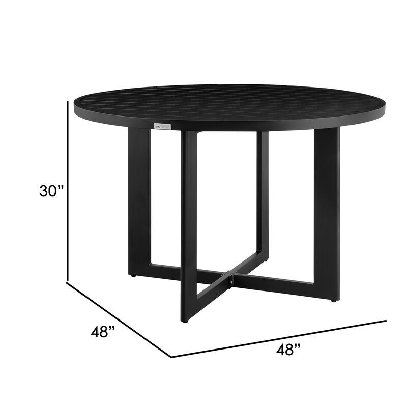 Ollie 48 Inch Patio Dining Table, Aluminum Frame and Round Tabletop, Black-Benzara