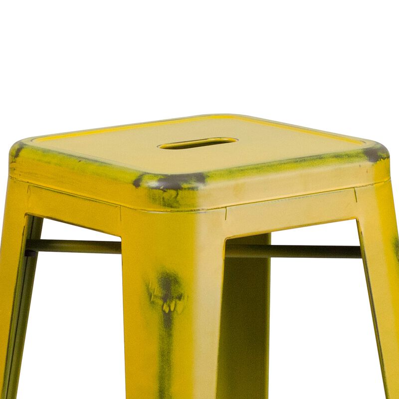 Flash Furniture Kai Commercial Grade 30" High Backless Distressed Yellow Metal Indoor-Outdoor Barstool