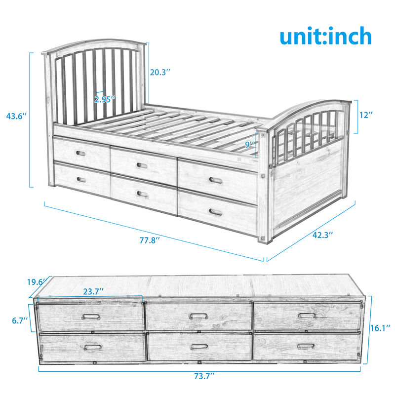 Merax Solid Wood Platform Storage Bed with 6 Drawers