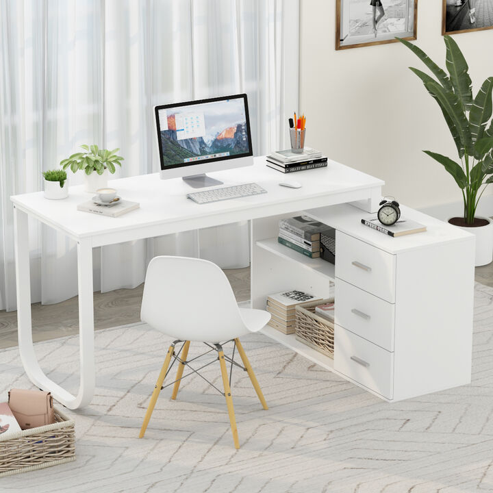 55.1 in. L-Shaped White Wood Writing Desk Corner Gaming Desk With 2-Tier Shelves and 3-Drawers Home Office Use
