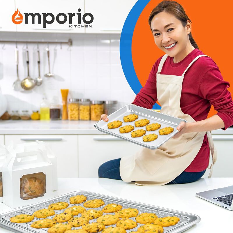 Baking Pan Set - 13" x 18" Aluminum Baking Pan with Stainless Steel Cooling Rack Set, PFOA, PFOS, PTFE Free, Recipe Booklet Included, Oven Safe Tray, Resist Heat Up To 500° F, Set of 2