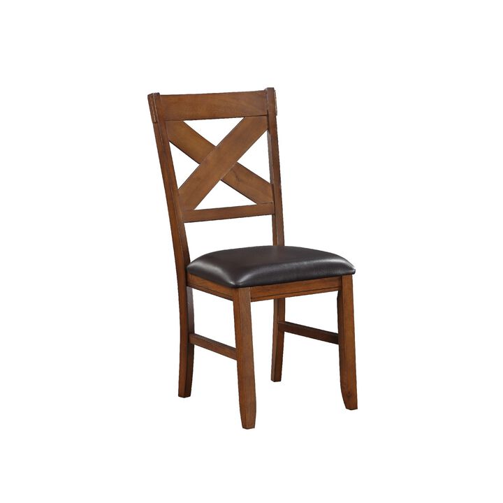 Dining Chair, Vegan Faux Leather, X Backrest, Set of 2, Brown-Benzara