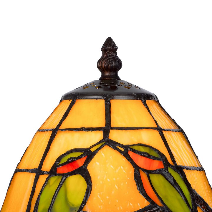 Eli 13 Inch Accent Lamp, Painted Avian Pair Tiffany Style Shade, Multicolor-Benzara