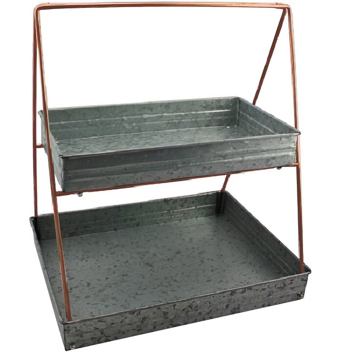 Galvanized Metal 2 Tiered Rectangular Serving Tray, Gray-Benzara