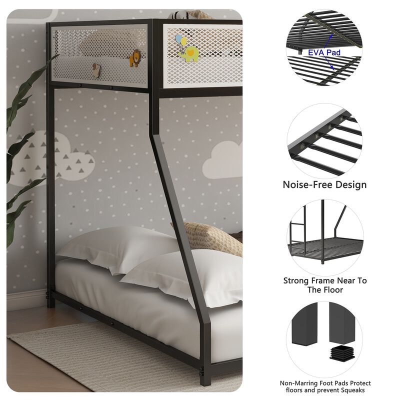 Twin Over Full Bunk Metal Bed Frame with Mesh Guard Rail, Removable Ladder, Noise-Reducing EVA Pad for Kids Bedrooms, Black