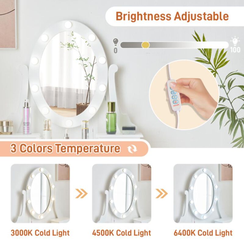 Dressing Table with LED Mirror, Power Outlet, Drawers & Cushioned Stool