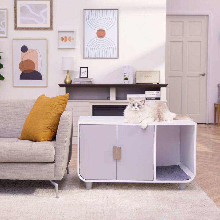 Teamson Pets Dyad Large Mid Century Wooden Cat Litter Box Cabinet and Side Table, White