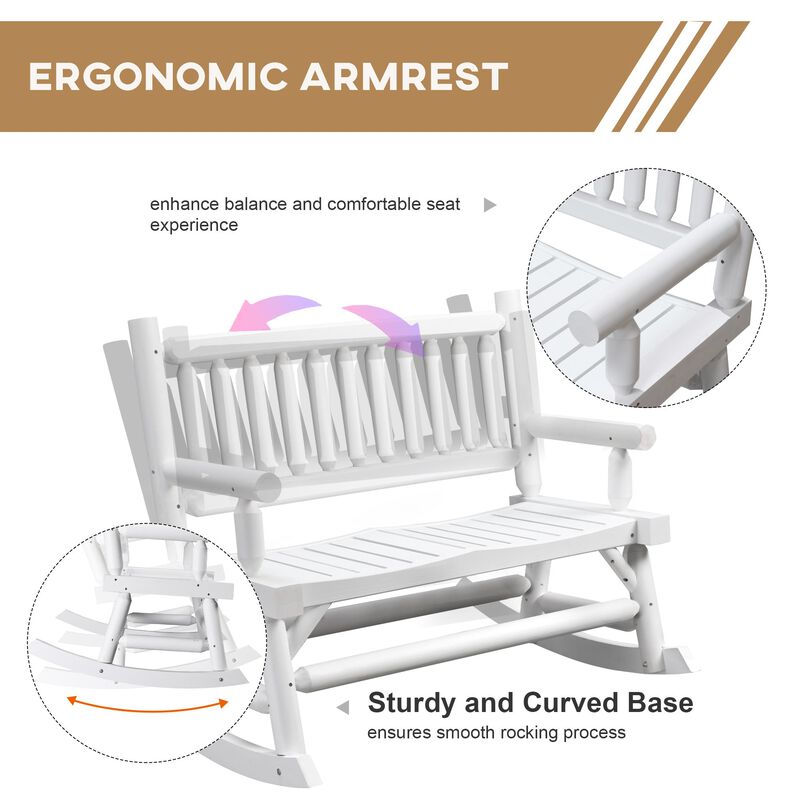 White Outdoor Rocker: 2-Person Wooden Loveseat with Curved Seats
