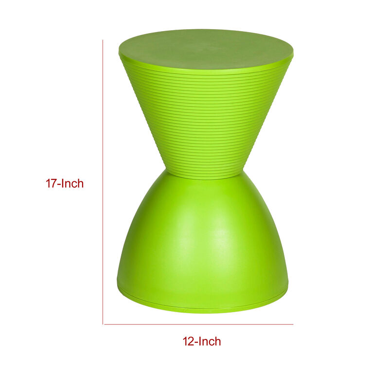 Hillary 17 Inch Patio Stool Table, Indoor Outdoor, Hourglass Design, Green - Benzara