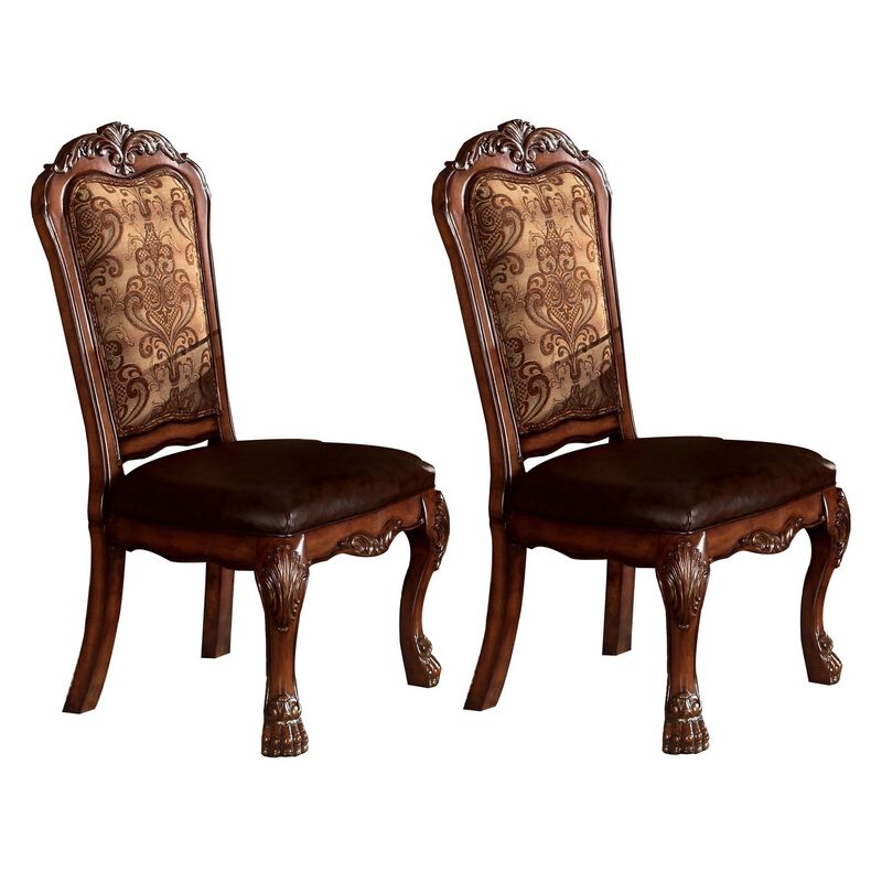 Wooden Side Chair with Claw Legs and Leatherette Seat, Brown, Set of Two-Benzara
