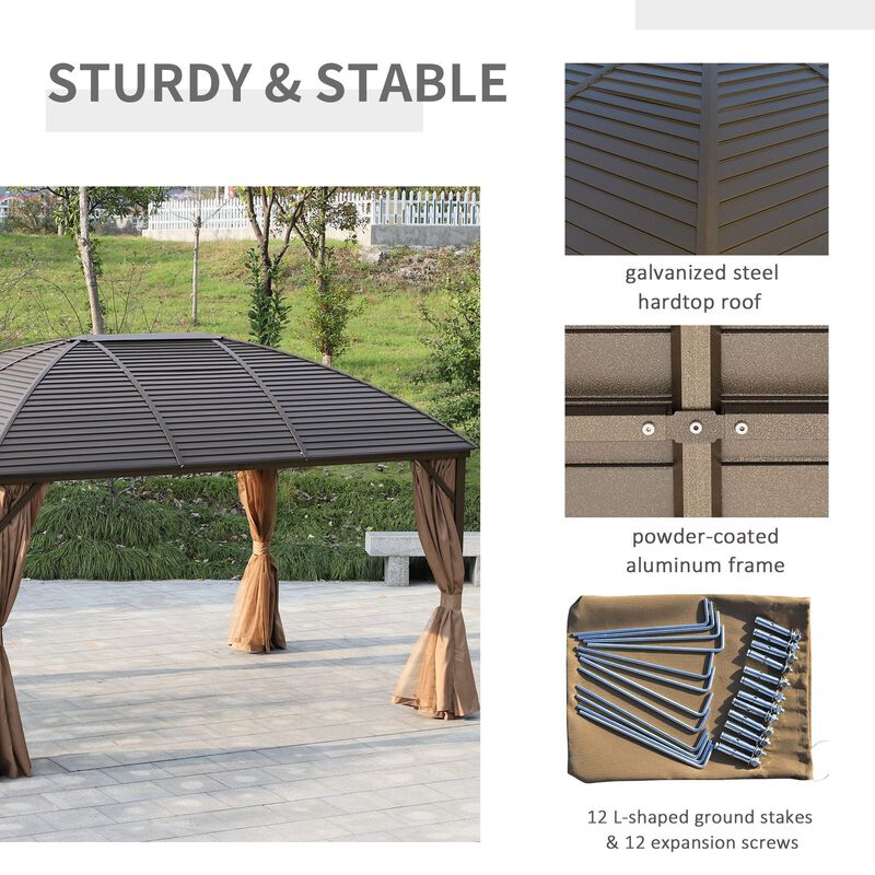 Brown Outdoor Pavilion: 10'x13' Hardtop Gazebo with Curtains & Netting