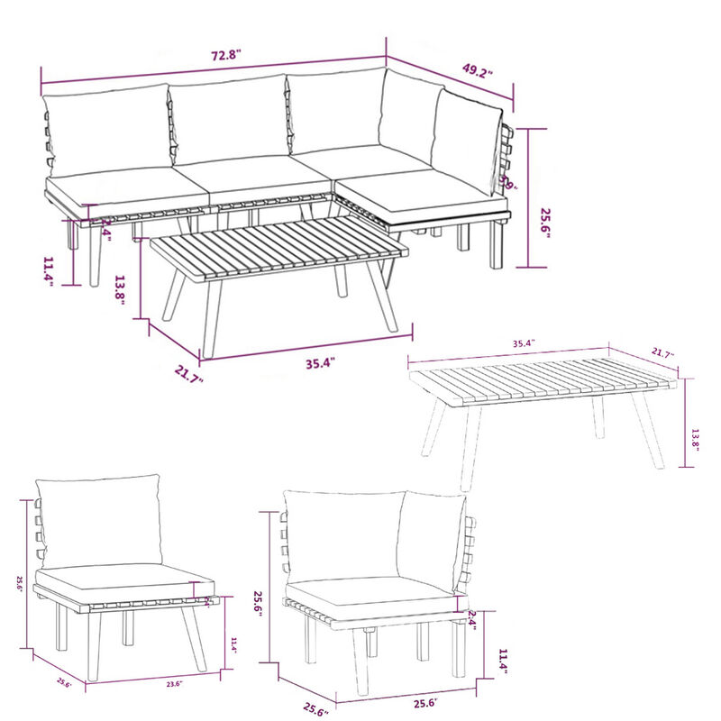 Roma 5pc Outdoor Modular Sofa Set, Table, White Cushions, Acacia Wood - Benzara
