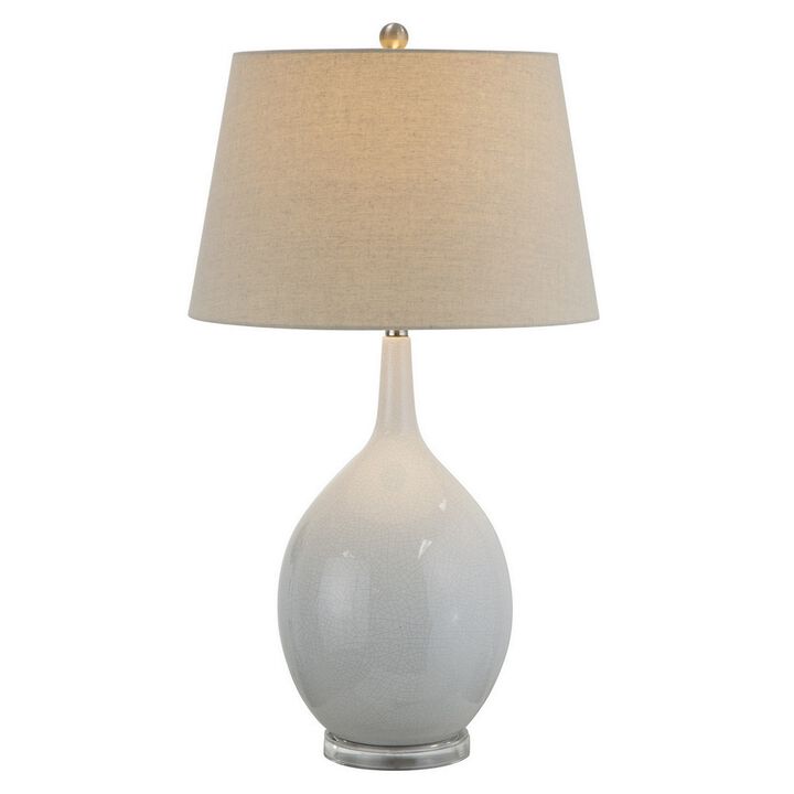 32 Inch Table Lamp, Empire Shade, Ceramic Stand, Crackle White Finish-Benzara