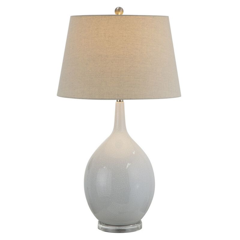 32 Inch Table Lamp, Empire Shade, Ceramic Stand, Crackle White Finish-Benzara