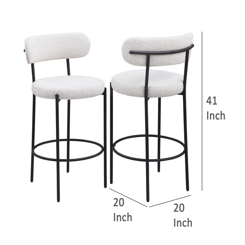 Winona Bar Height Chair Set of 2, White Boucle, Black Metal 30 Inch - Benzara