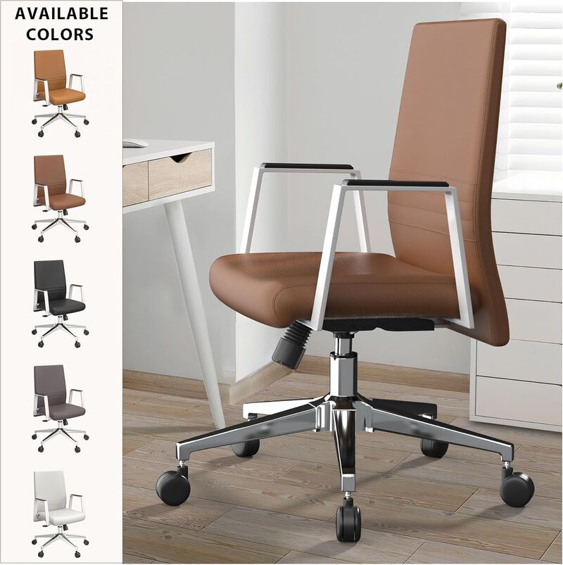 LeisureMod Aleen Mid-Century Modern Office Chair in Upholstered Leather and Iron Frame with Swivel and Tilt