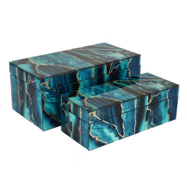 Dory Decorative Box Set of 2, Deep Blue Black Faux Marble Accent Glass - Benzara