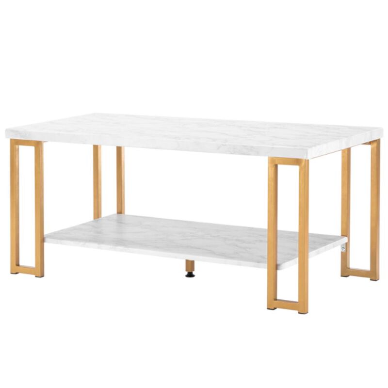 Double-Layer Golden Iron Pipe Marble PVC Coffee Table Rectangular Modern Living Room Table