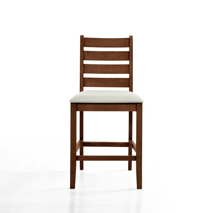 Accai Counter Height Chair Set of 2, Beige Polyester, Brown Rubberwood - Benzara