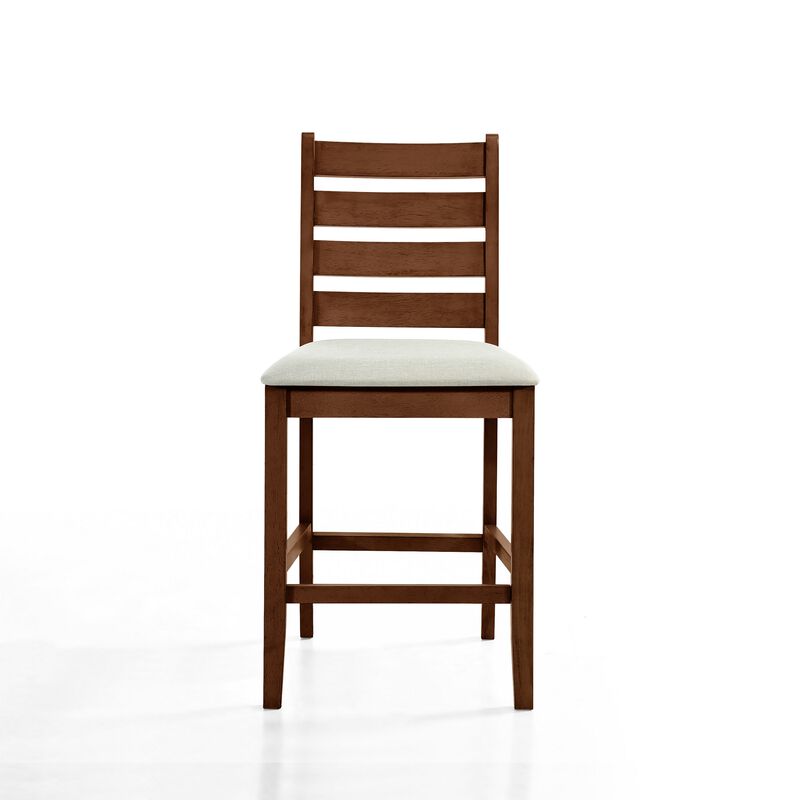 Accai Counter Height Chair Set of 2, Beige Polyester, Brown Rubberwood - Benzara