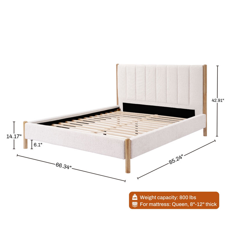 LuxenHome Vertical Rolls Upholstered Headboard with Rubberwood Legs Platform Bed, Queen