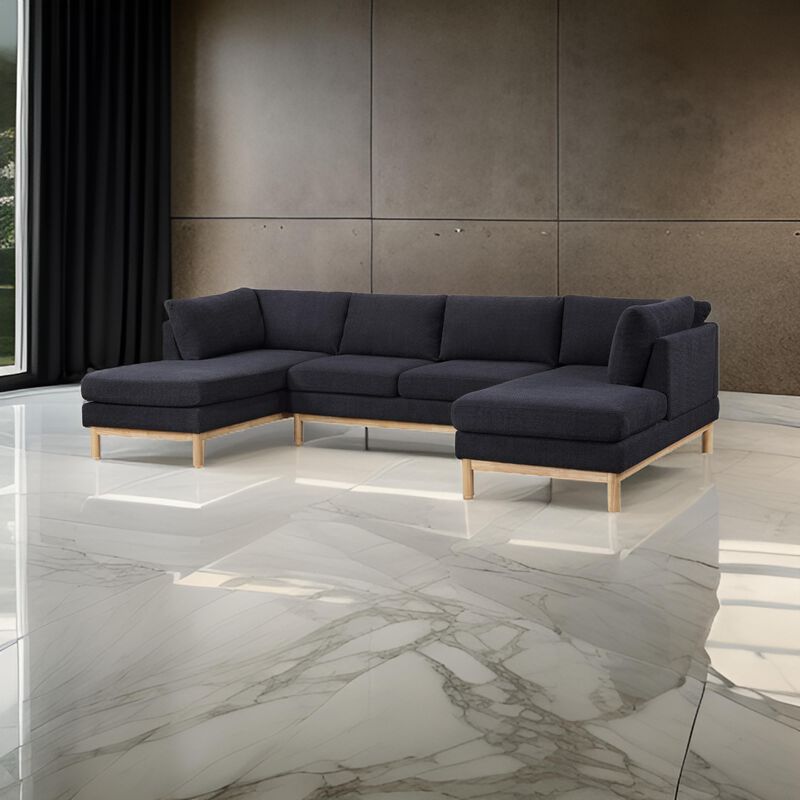 Hle 124 Inch Wide Sectional Sofa Double Chaise, U Shape, Black Sherpa, Wood - Benzara