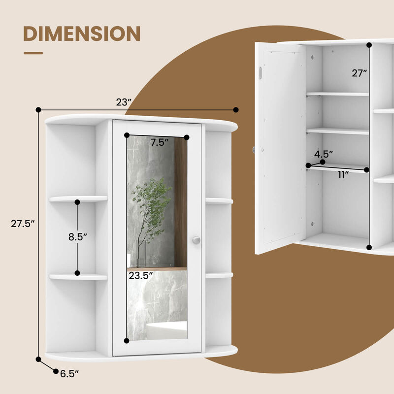 Costway Bathroom Cabinet Single Door Shelves Wall Mount Cabinet with Mirror White