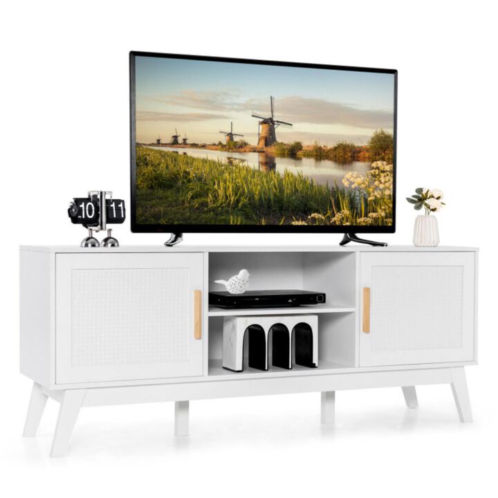 Hivvago TV Stand Entertainment Media Console with 2 Rattan Cabinets and Open Shelves-White Hivvago TV Stand Entertainment Media Console with 2 Rattan Cabinets and Open Shelves-White