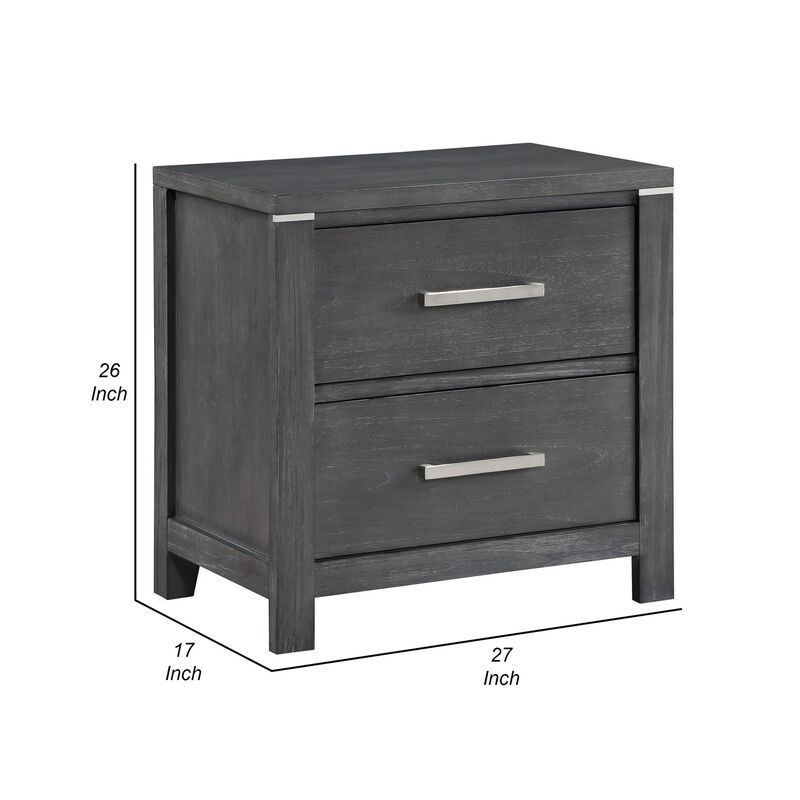 Benjara Tal 27 Inch Nightstand, 2 Drawers Handles, Charcoal Finish, Gray, Chrome