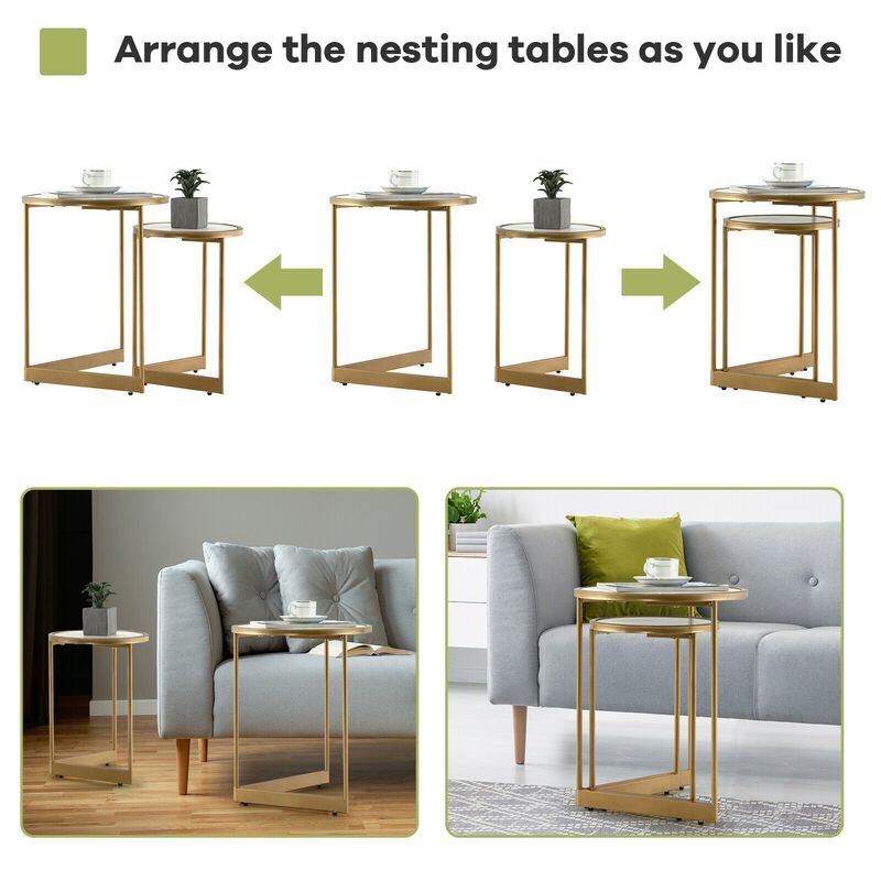 Round Nesting Table Set of 2 with Marble-like Tabletop-White