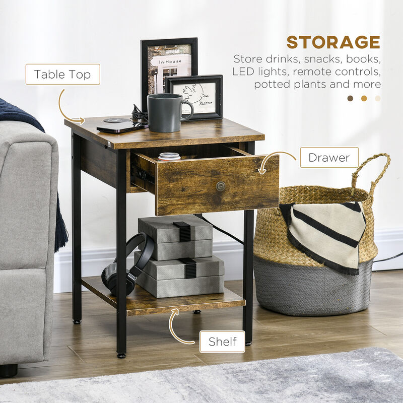 End Table with Wireless Charging Station, 2 USB Ports, Rustic Brown