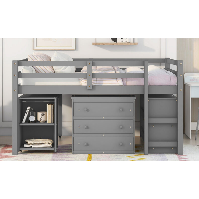 Low Study Full Loft Bed With Cabinet, Shelves And Rolling Portable Desk, Multiple Functions