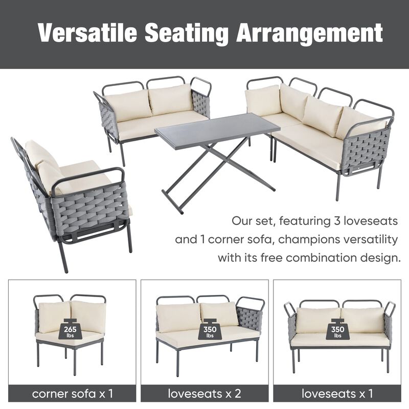 MONDAWE 5 Piece Modern Patio Sectional Sofa Set Outdoor Woven Rope Furniture Set with Glass Table and Cushions