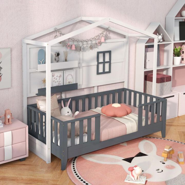 Hivvago Twin Wood House Bed Montessori Floor Bed with 2 Shelves and Guardrails