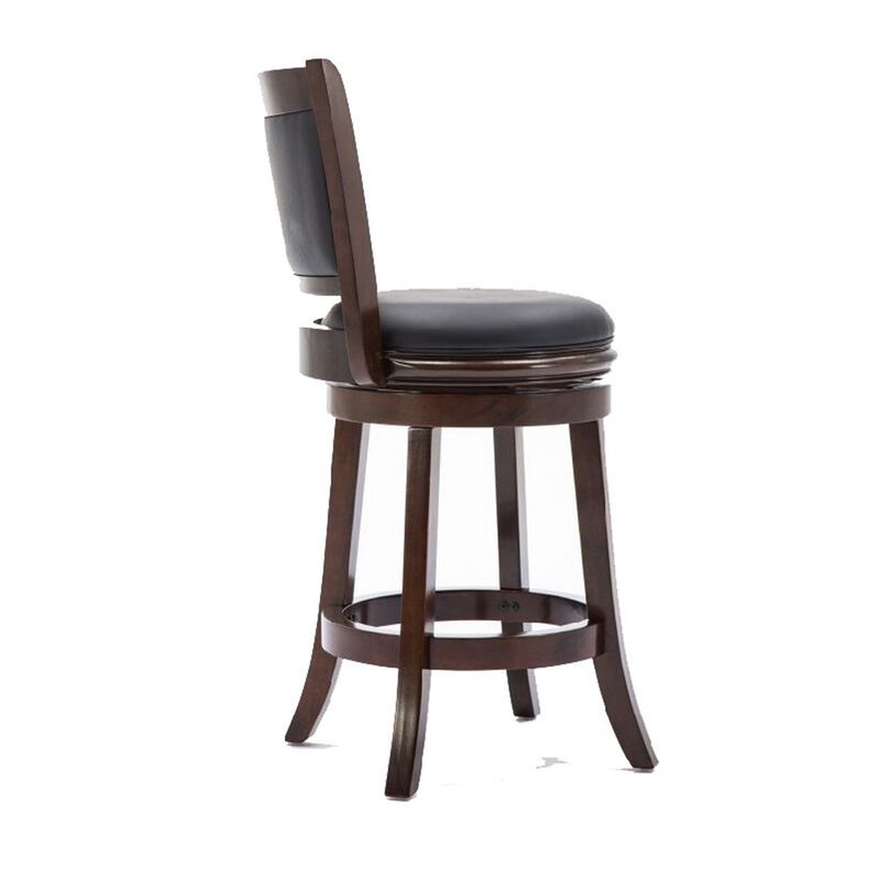 Round Wooden Swivel Counter Stool with Padded Seat and Back, Dark Brown-Benzara