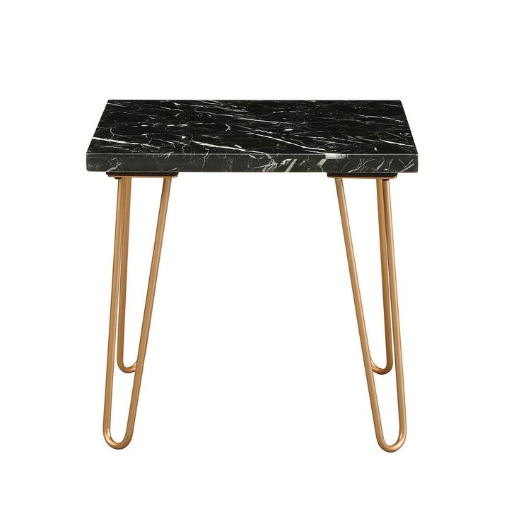 Black Marble Top End Table With Metal Hairpin Style Legs In Gold-Benzara