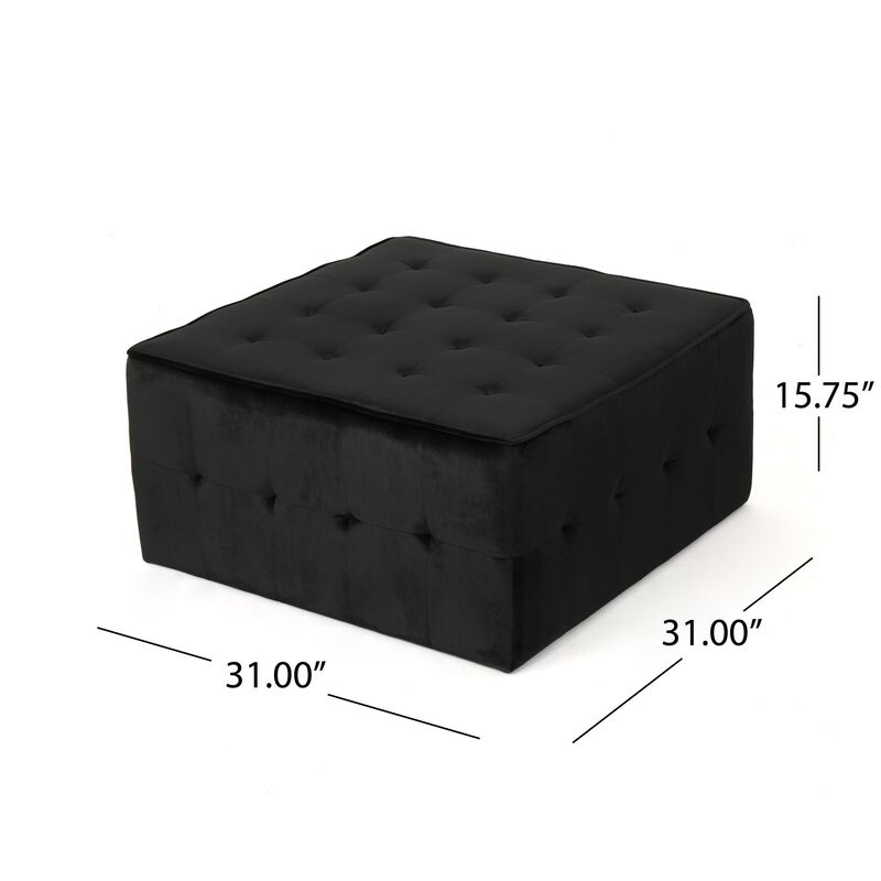 Ottoman, Tufted Soft Black Velvet, Iron Frame, Square 31 Inch Top - Benzara