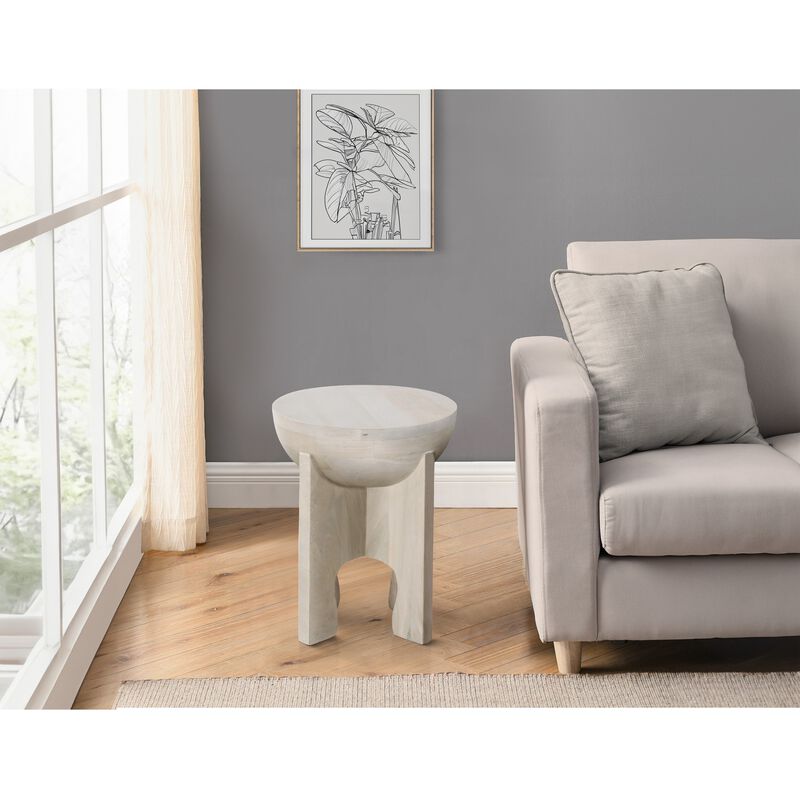 Tomas 20 Inch Side End Table, Mango Wood Drum Top, Classic Washed White - Benzara