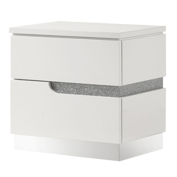 Ara 23 Inch Nightstand, 2 Drawers, Crystal Accents, White Laminate Finish - Benzara