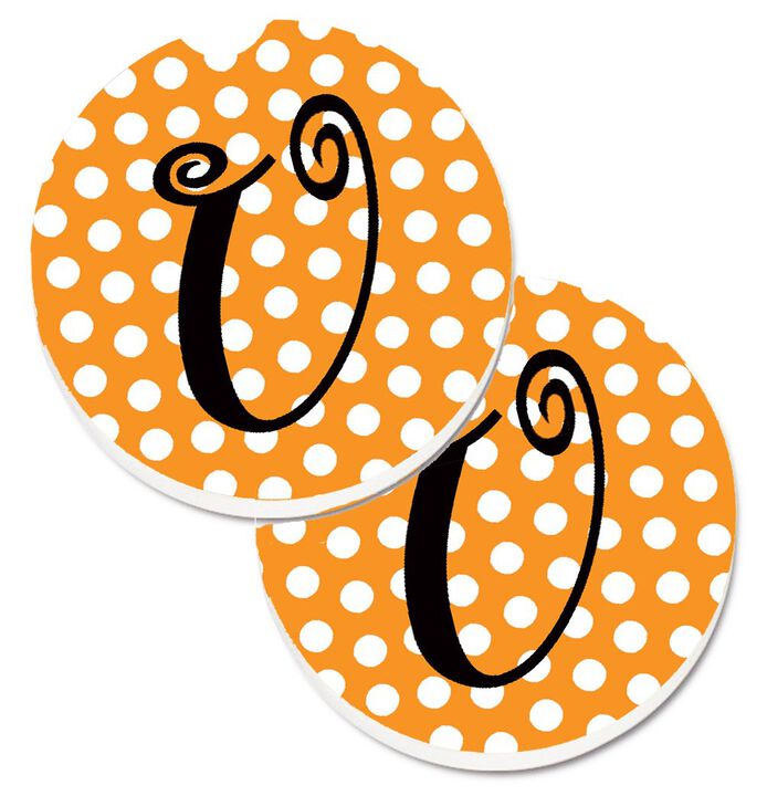 Caroline's Treasures Monogram Initial U Orange Polkadots Set of 2 Cup Holder Car Coasters CJ1033-UCARC, 2.56, Multicolor