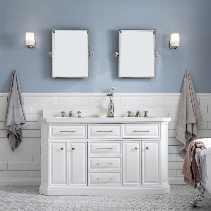 Palace 60 In. Double Sink Carrara Quartz Countertop Bath Vanity in Pure White with Polished Nickel (PVD) Hardware