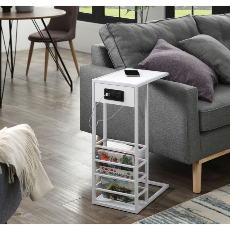 Loft Lyfe Billy White Base C-Table | Magazine Holder | USB Port & Wall Plug |