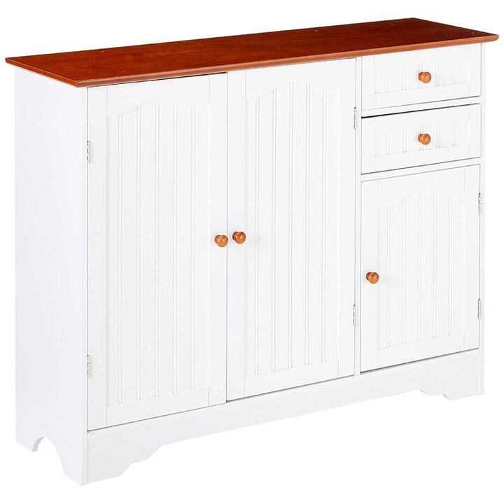 Hivvago White Wood Sideboard Buffet Cabinet with Walnut Finish Top and Knobs