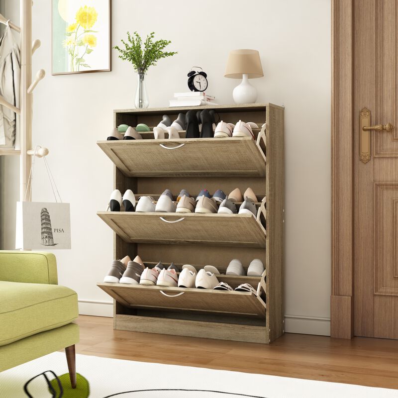 42.5 in. H x 31.5 in. W Burly Wood Color Wooden Shoe Storage Cabinet with 3 Large Drawers and 6 Shelves in Total
