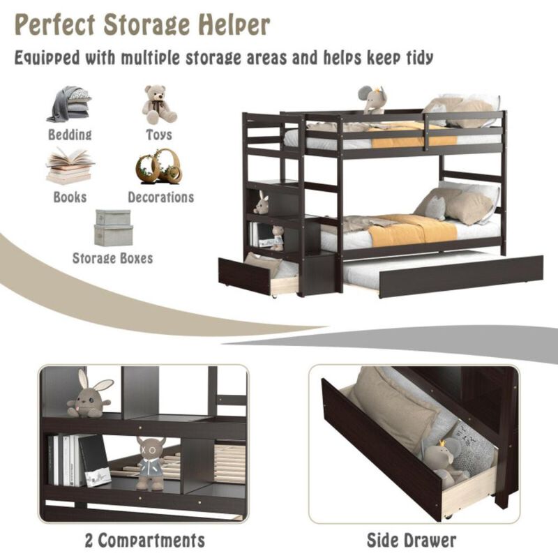 Hivvago Twin Over Twin Bunk Bed with Storage Shelf and Drawer